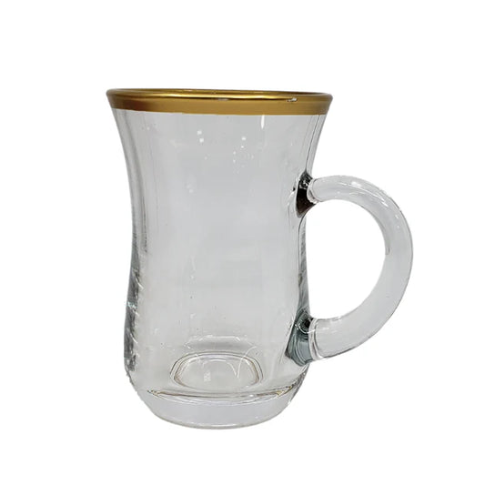 Turkish Tea Cups with Handle Gold Rim 6 Piece — Pasabahce Lina, 4.7 Oz