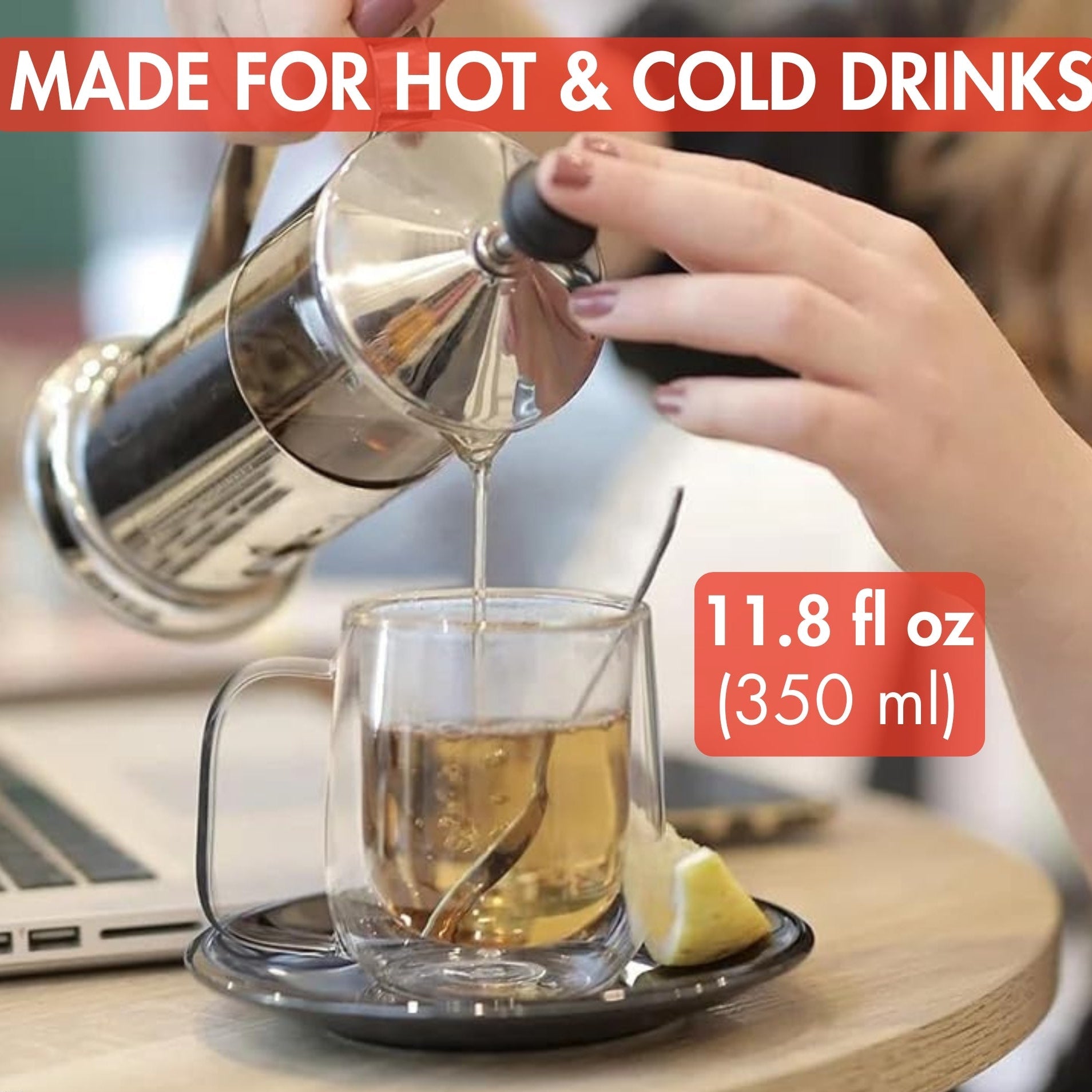 Person pouring liquid into a glass mug with a teabag, text indicating capacity and brand.