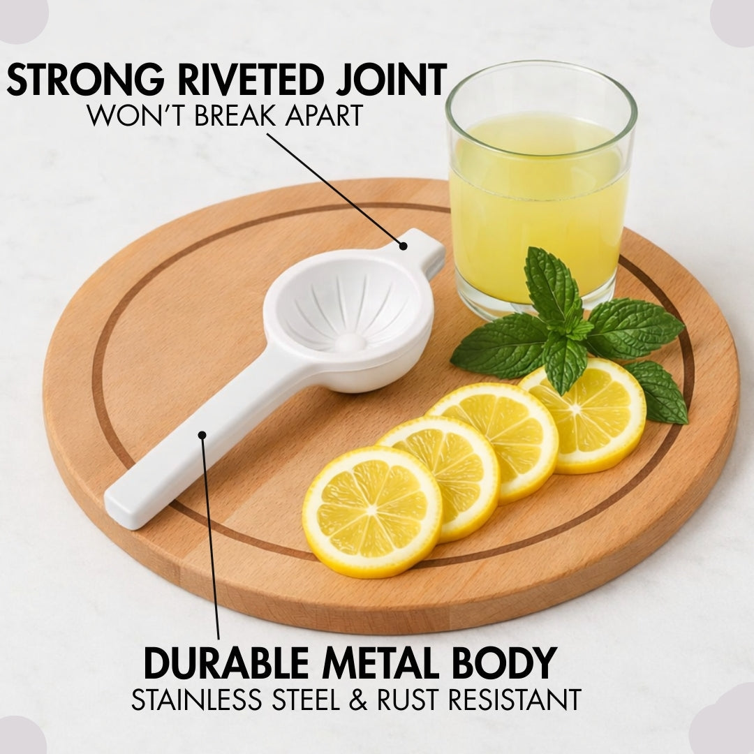 White manual juicer on a wooden cutting board with lemons and a glass of juice, featuring text about product features.