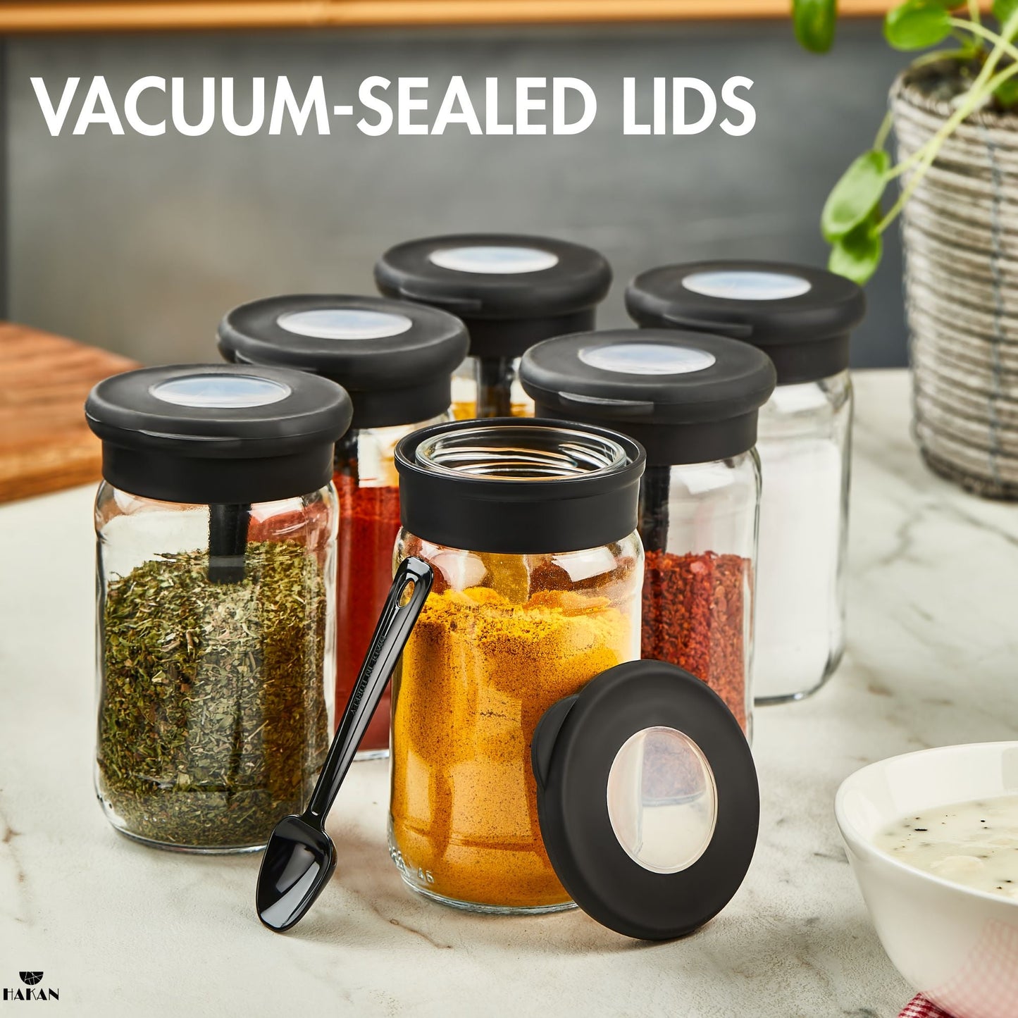 Glass Spice Jars Airtight Set of 6 with Spoons — 12.8 Oz