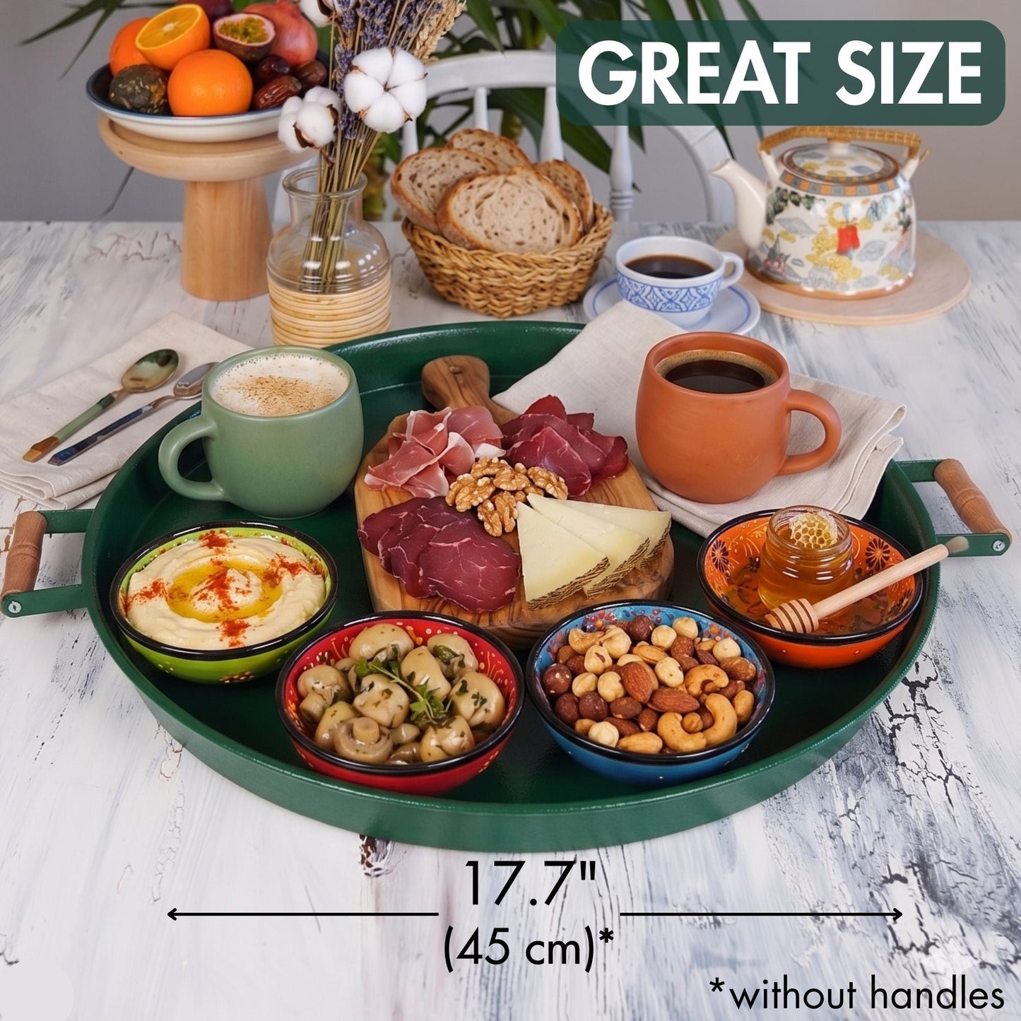 Serving Tray with Wooden Handles — Metal Base