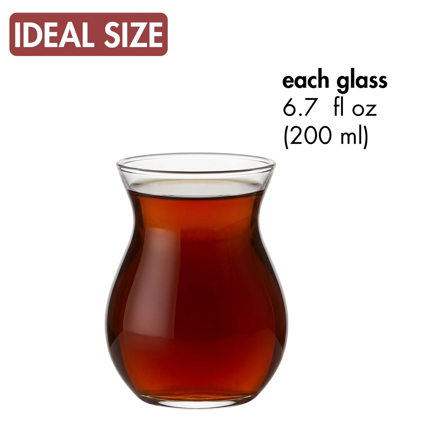 Glass filled with a dark liquid, labeled 'IDEAL SIZE' with volume details on a white background.
