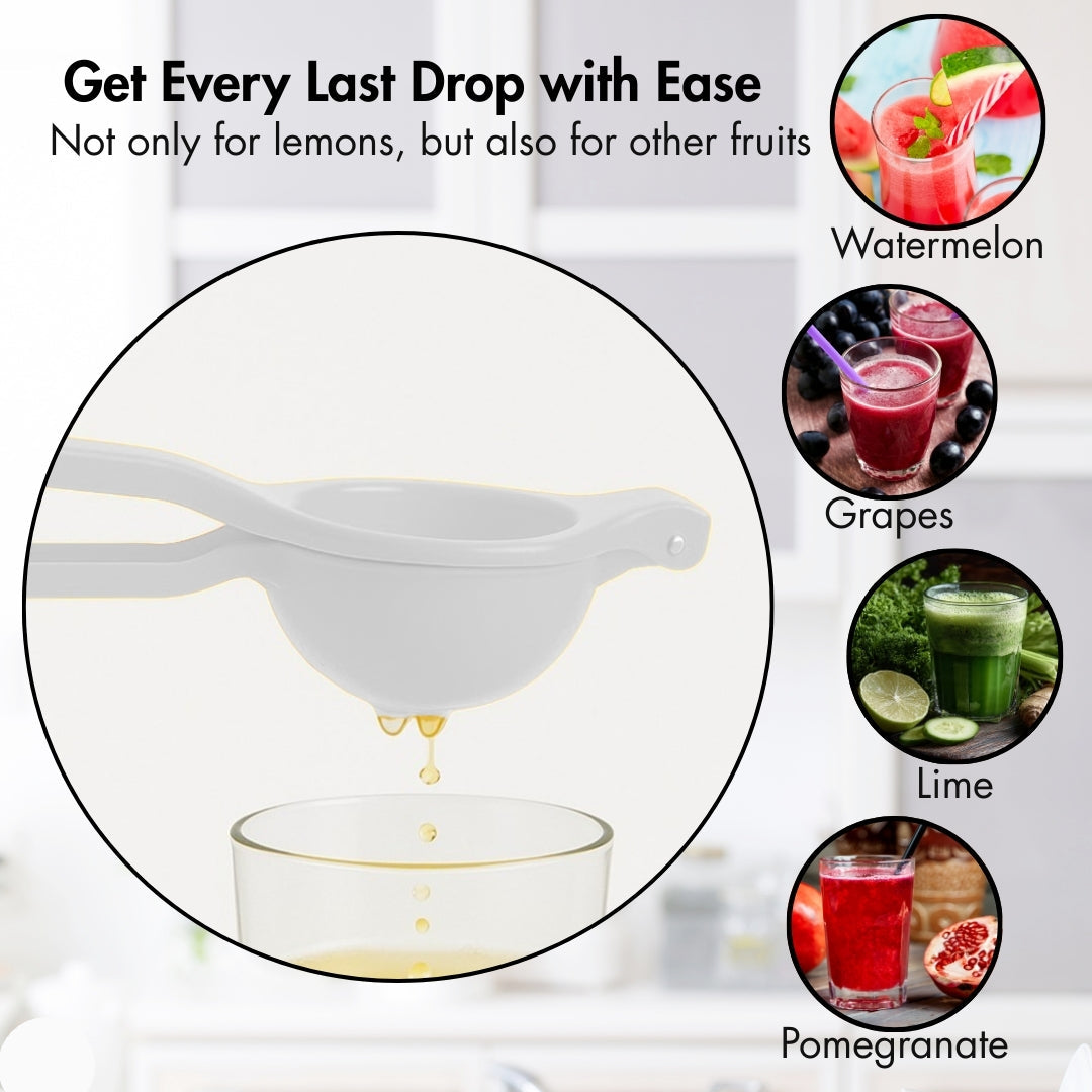 Juicer with lemon juice being extracted, surrounded by images of other fruits and drinks.