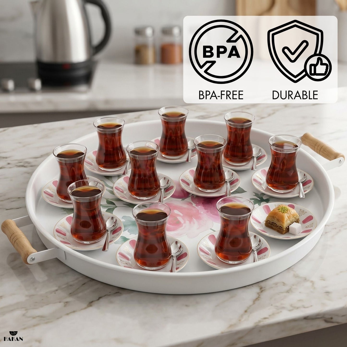 Serving Tray with Wooden Handles — Metal Base
