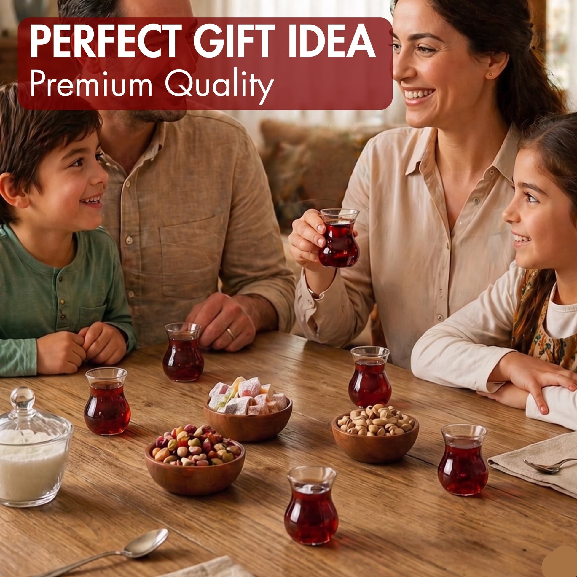 Family gathered around a table with tea and snacks, enjoying a meal together.