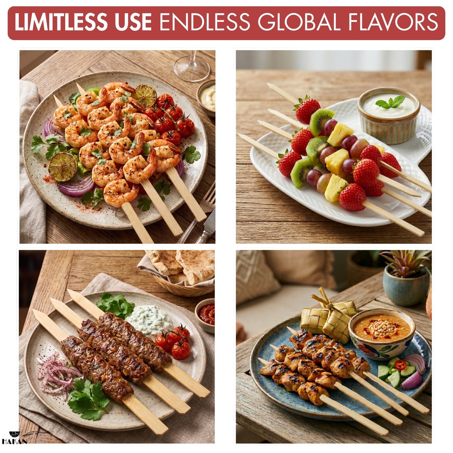 Hakan 9.8”x0.78" Bamboo BBQ Skewers, Flat Kabob Skewers for Grilling, 100 Pcs
