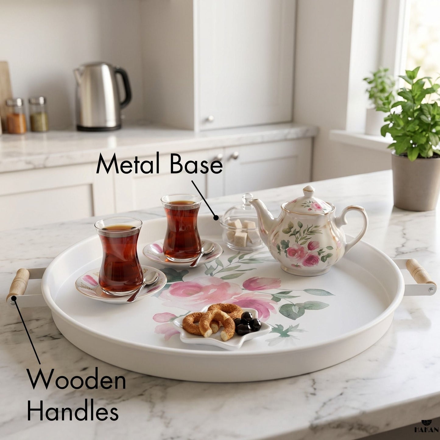 Serving Tray with Wooden Handles — Metal Base
