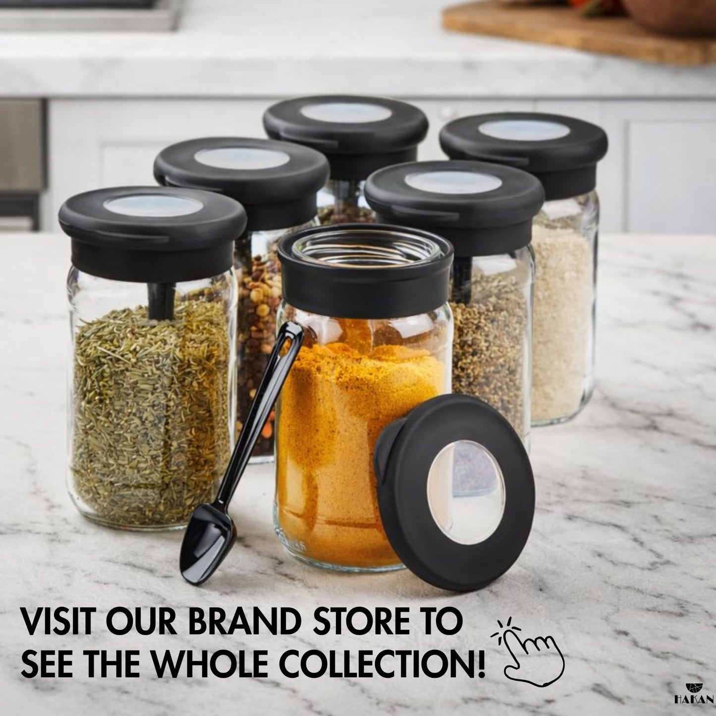 Glass Spice Jars Airtight Set of 6 with Spoons — 12.8 Oz