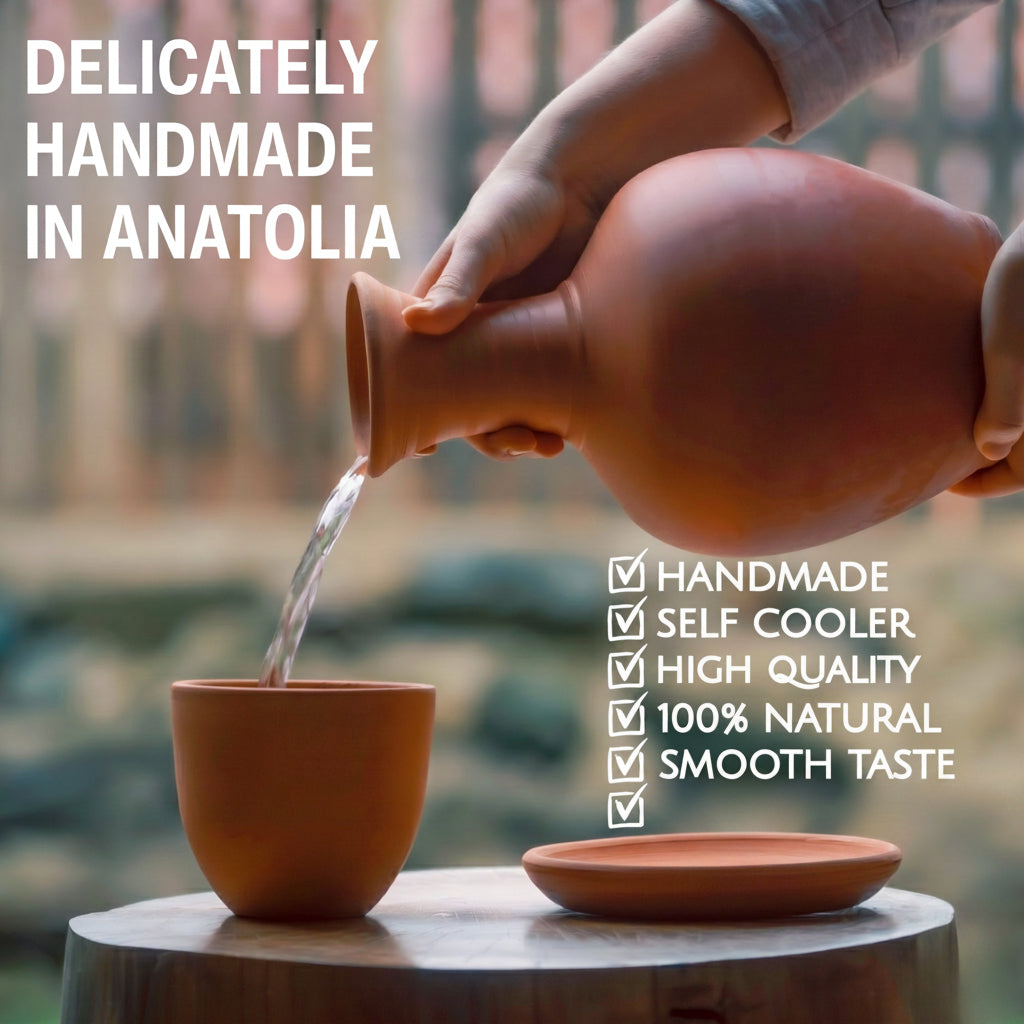 Person pouring water from a terracotta pot into another on a wooden surface with text highlighting features.