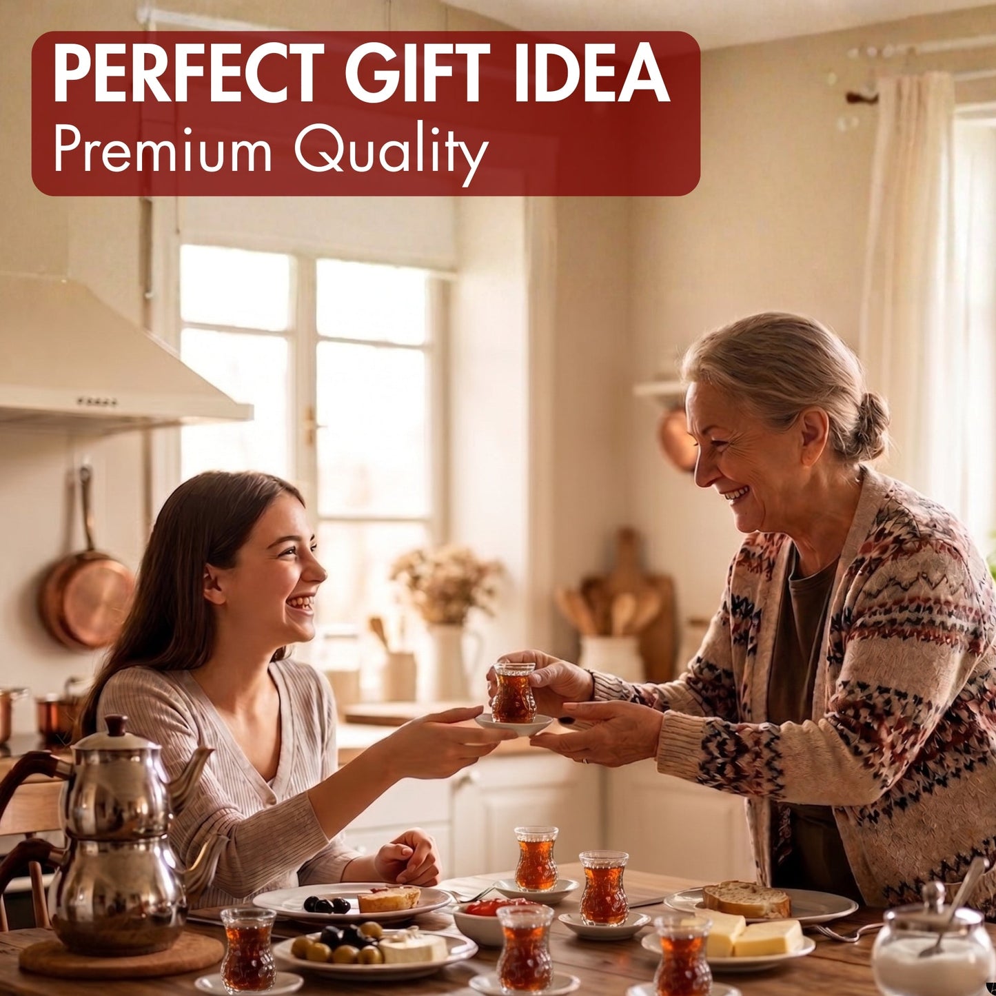 Two women enjoying tea together at a table with a 'Perfect Gift Idea' label above.