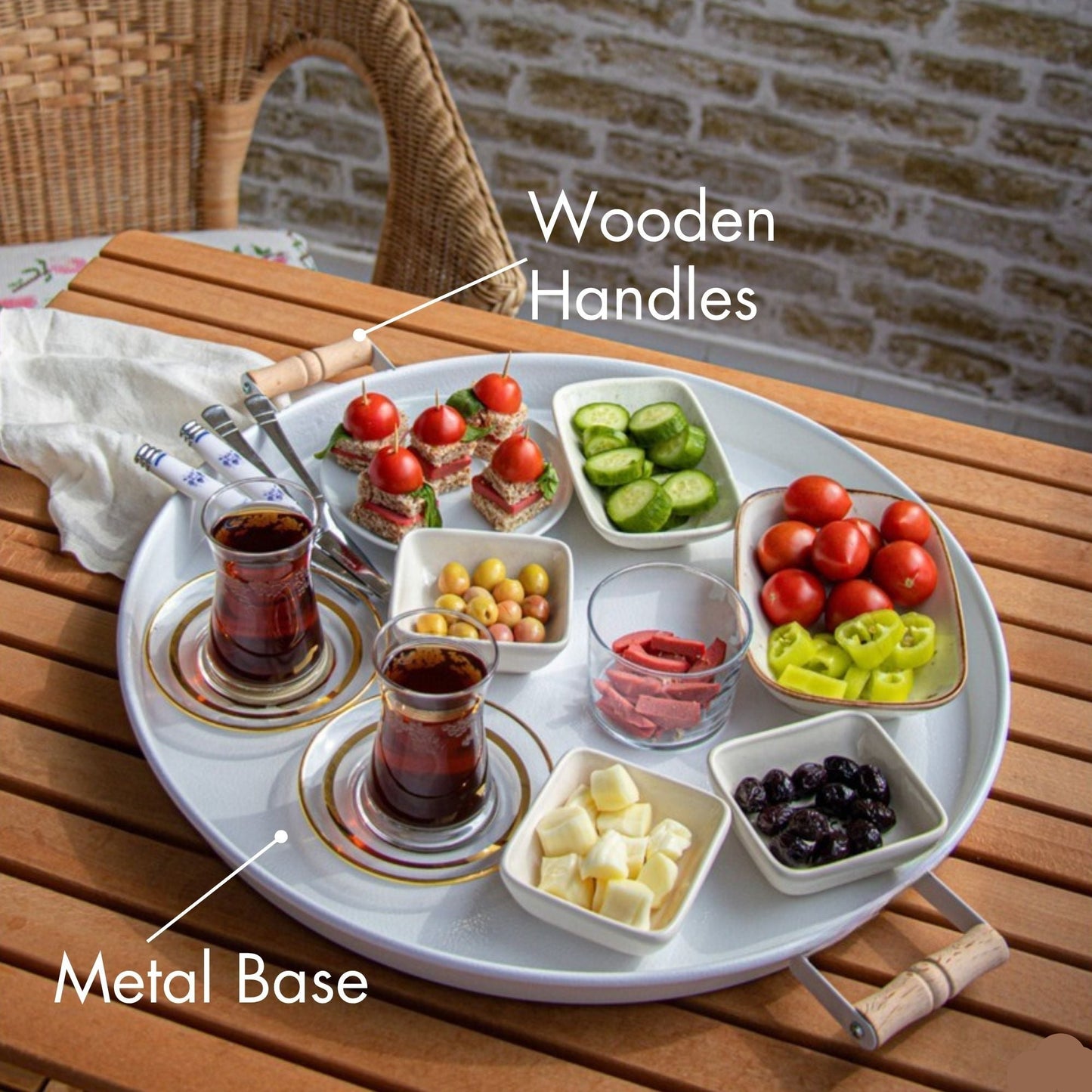 Serving Tray with Wooden Handles — Metal Base