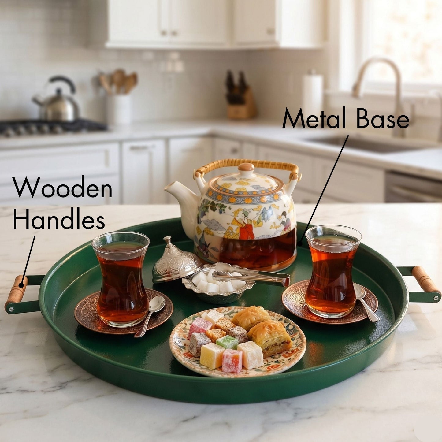 Serving Tray with Wooden Handles — Metal Base