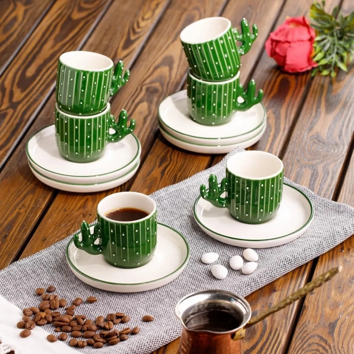 Ceramic Espresso Mug Set 12 Piece — Cactus Design, 3.75 Oz