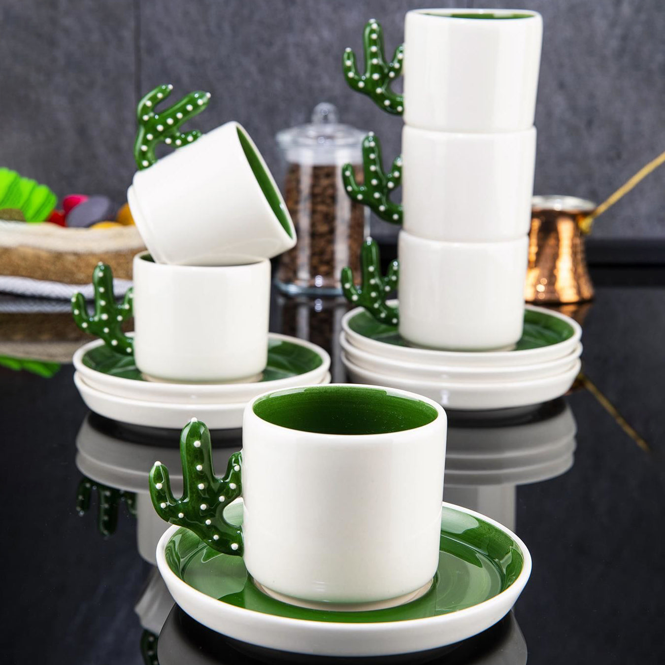 Ceramic Espresso Mug Set 12 Piece — Cactus Design, 3.75 Oz