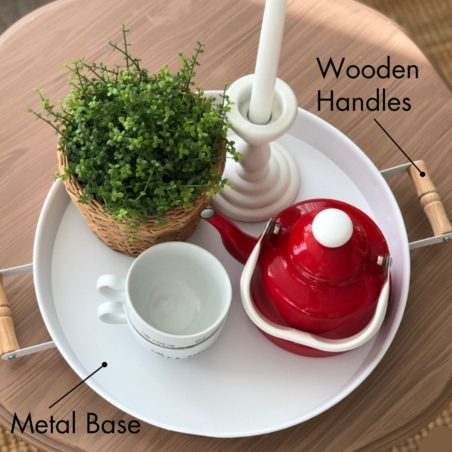 Serving Tray with Wooden Handles — Metal Base