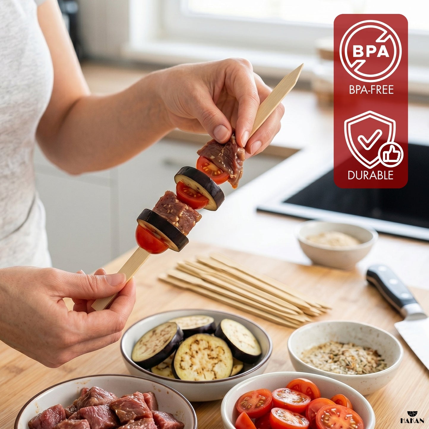 Hakan 9.8”x0.78" Bamboo BBQ Skewers, Flat Kabob Skewers for Grilling, 100 Pcs