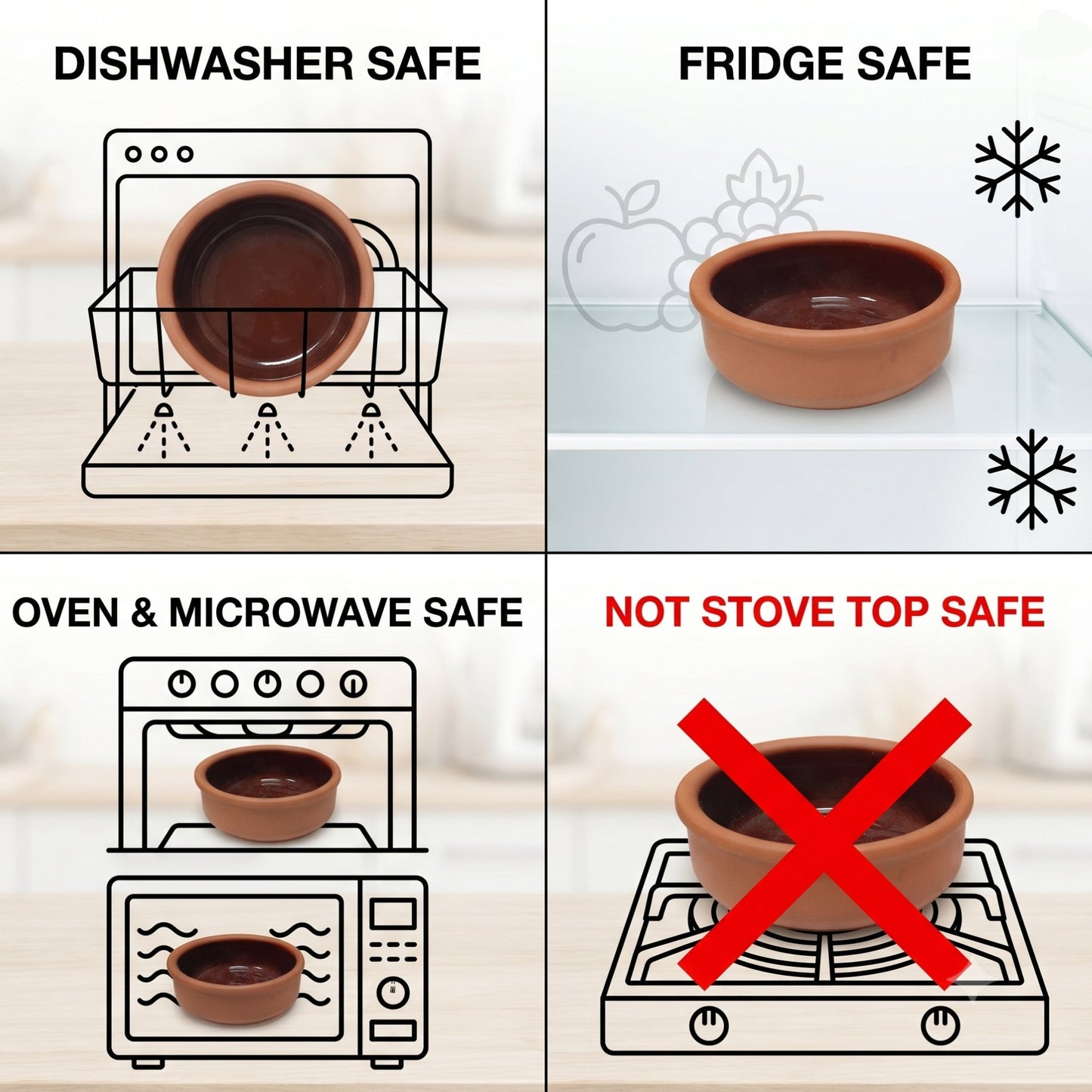 Diagram showing the safe use of a terracotta pot with icons indicating dishwasher, fridge, oven, microwave, and stove top safety.