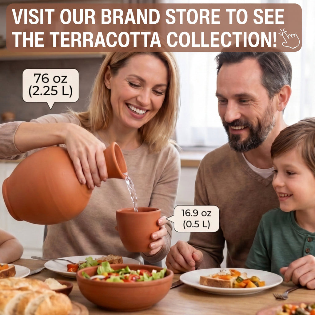 Family at a table with terracotta pots and food, promoting a brand store.