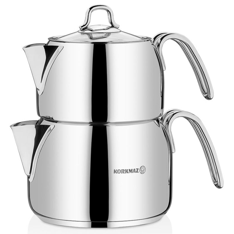 Turkish Teapot Set Stainless Steel — Korkmaz Perla, Maxi & Mega