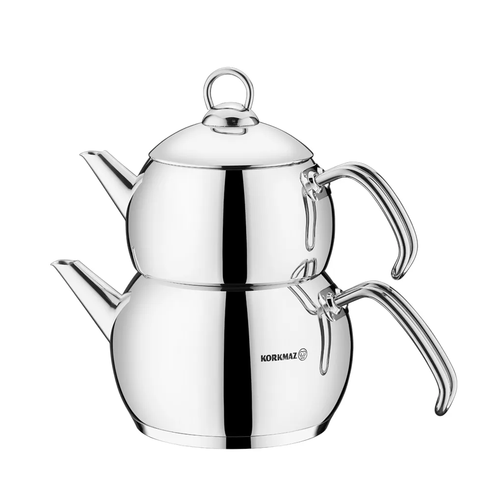 Double Turkish Teapot Set Silver — Korkmaz Tombik, 2.1 Qt + 1.1 Qt