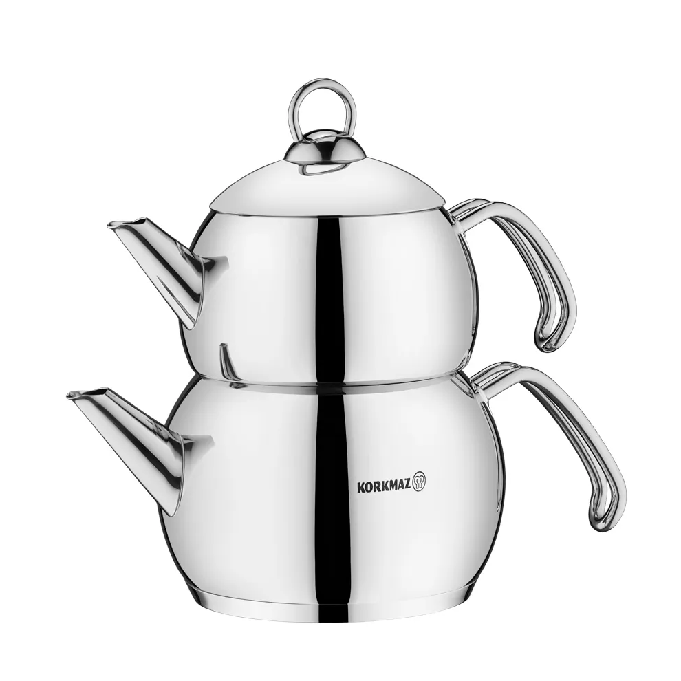 Double Turkish Teapot Set Silver — Korkmaz Tombik, 2.1 Qt + 1.1 Qt