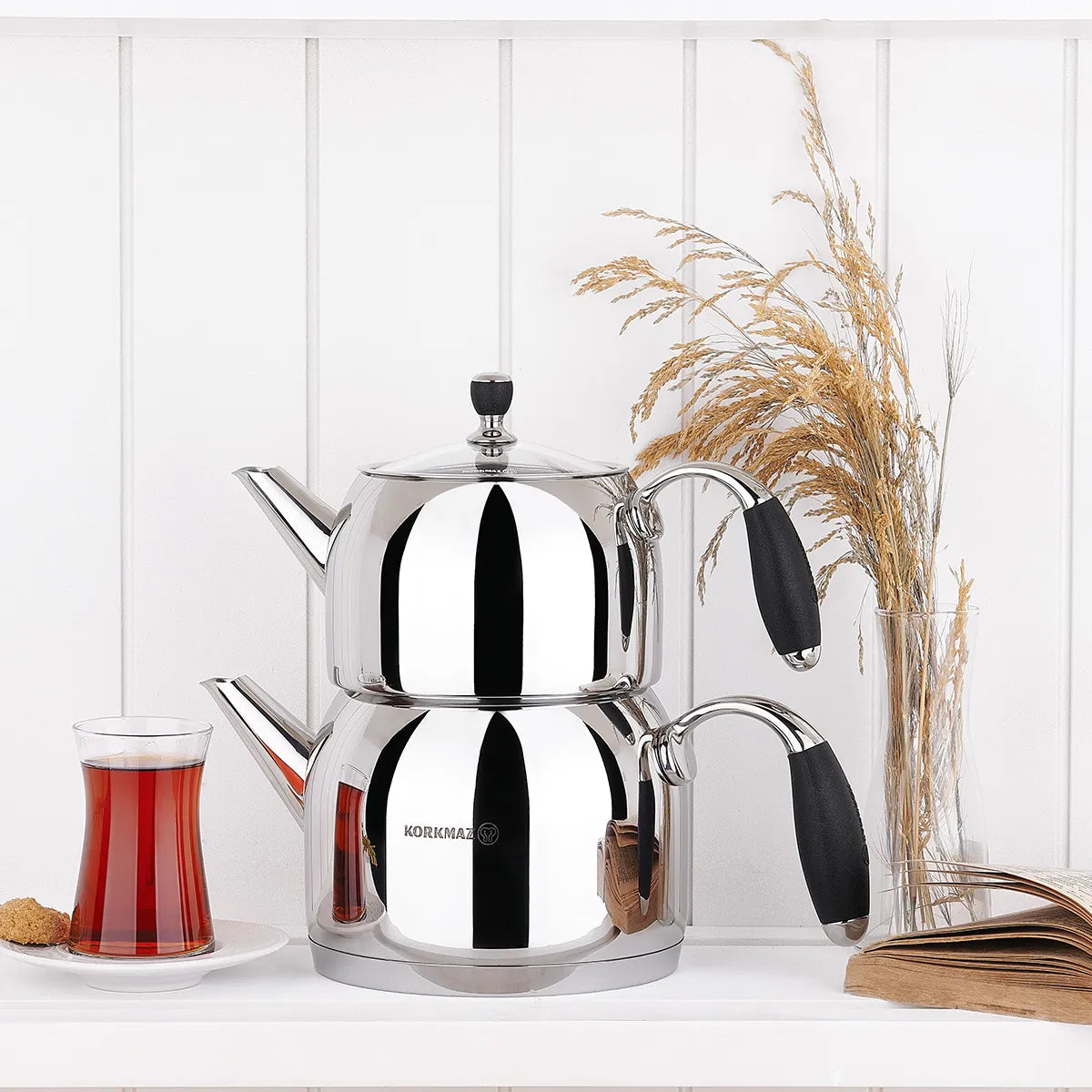 Double Turkish Teapot Set — Korkmaz Flora, 37.2 & 67.6 Oz
