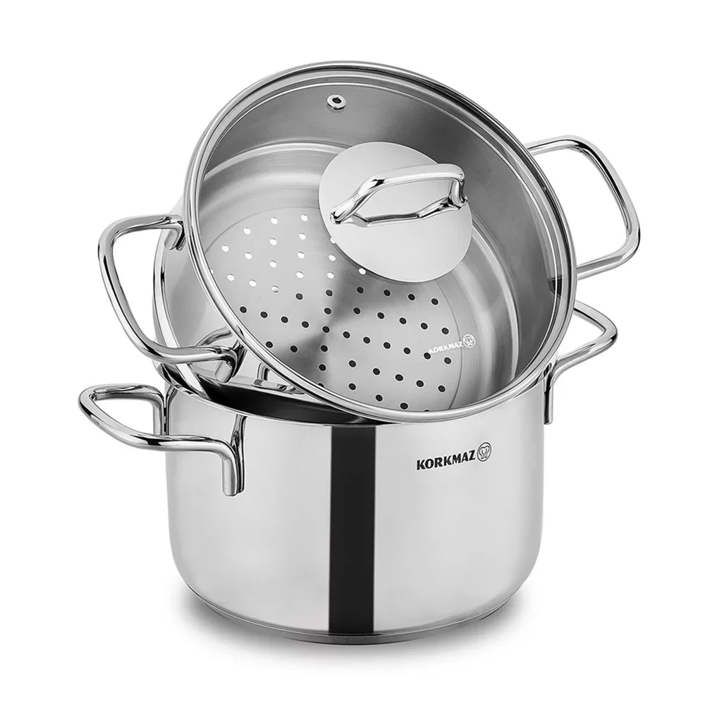 Korkmaz Perla Stainless Steel Steamer Pot with Glass Lid — 175.8 Oz