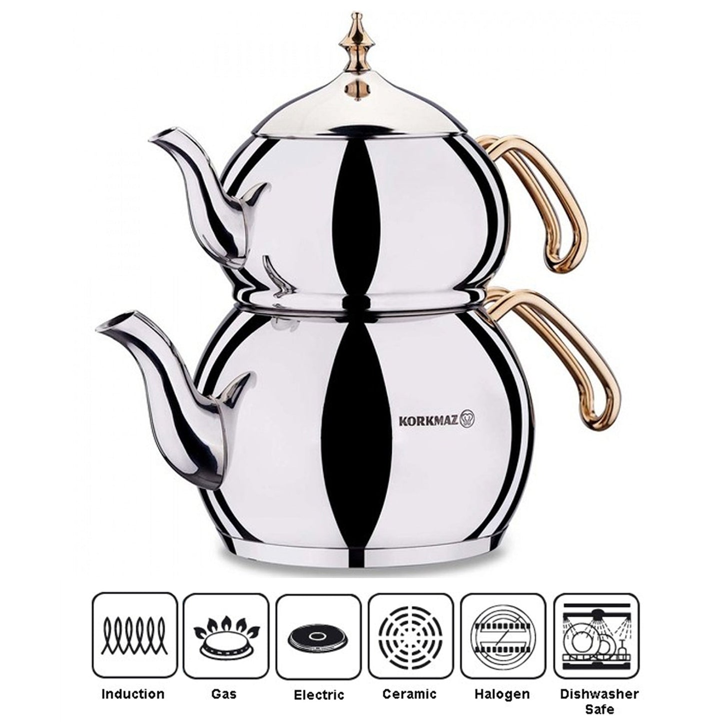Turkish Teapot Set 3.3 Qt — Korkmaz Hanedan, Gold or Rosegold Handle