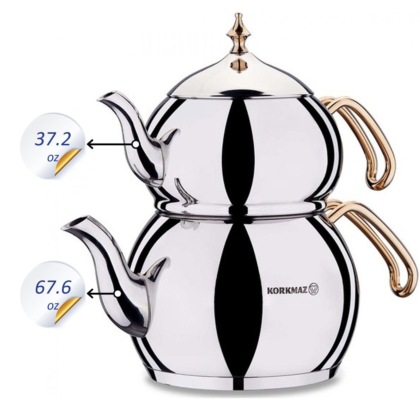 Turkish Teapot Set 3.3 Qt — Korkmaz Hanedan, Gold or Rosegold Handle