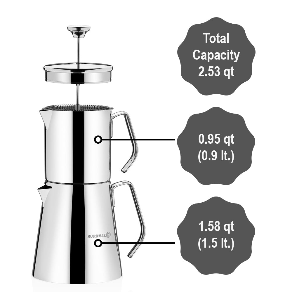 Turkish Teapot Set French Press Style — Korkmaz Aqua Stainless Steel