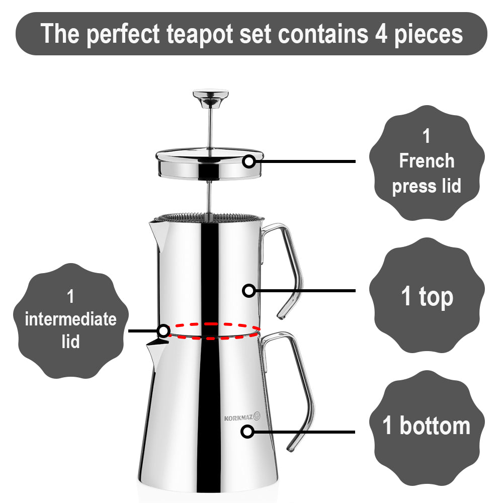 Turkish Teapot Set French Press Style — Korkmaz Aqua Stainless Steel