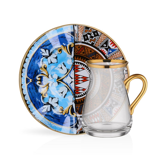 Turkish Tea Cups Set of 6 with Hand-Painted Saucers — 5 Oz