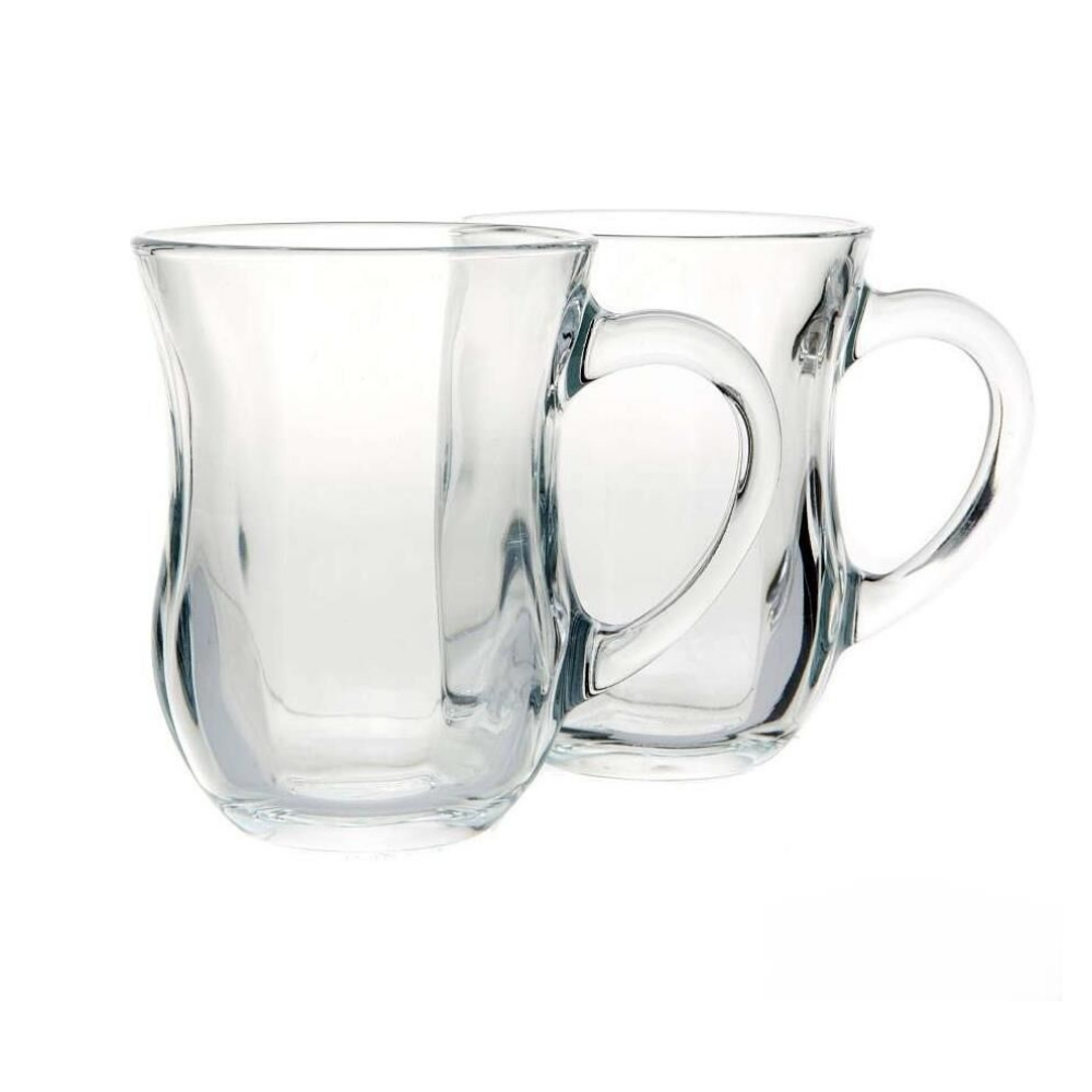 Two clear glass mugs with handles on a white background