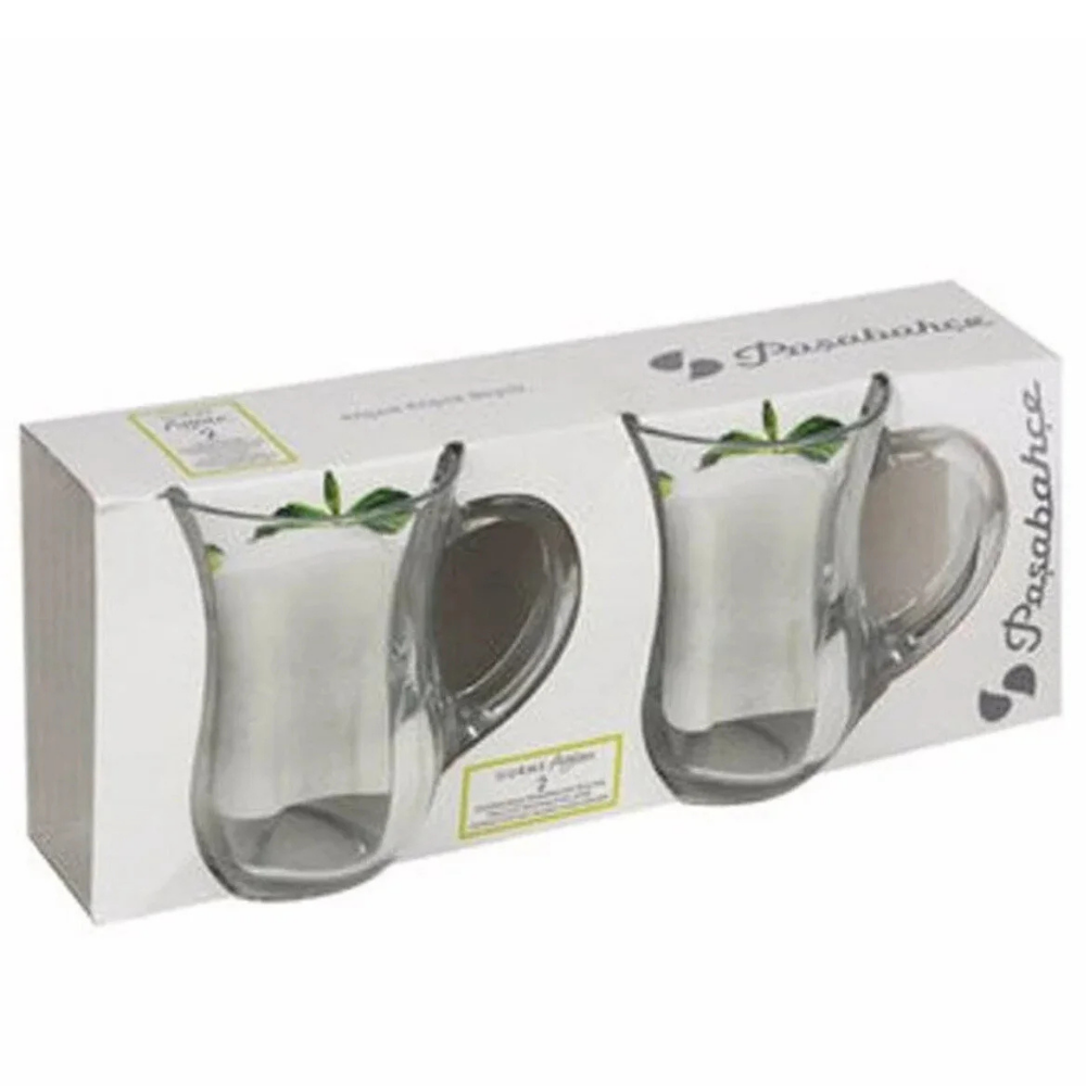 Two glass mugs in a Pasabahce branded box on a white background