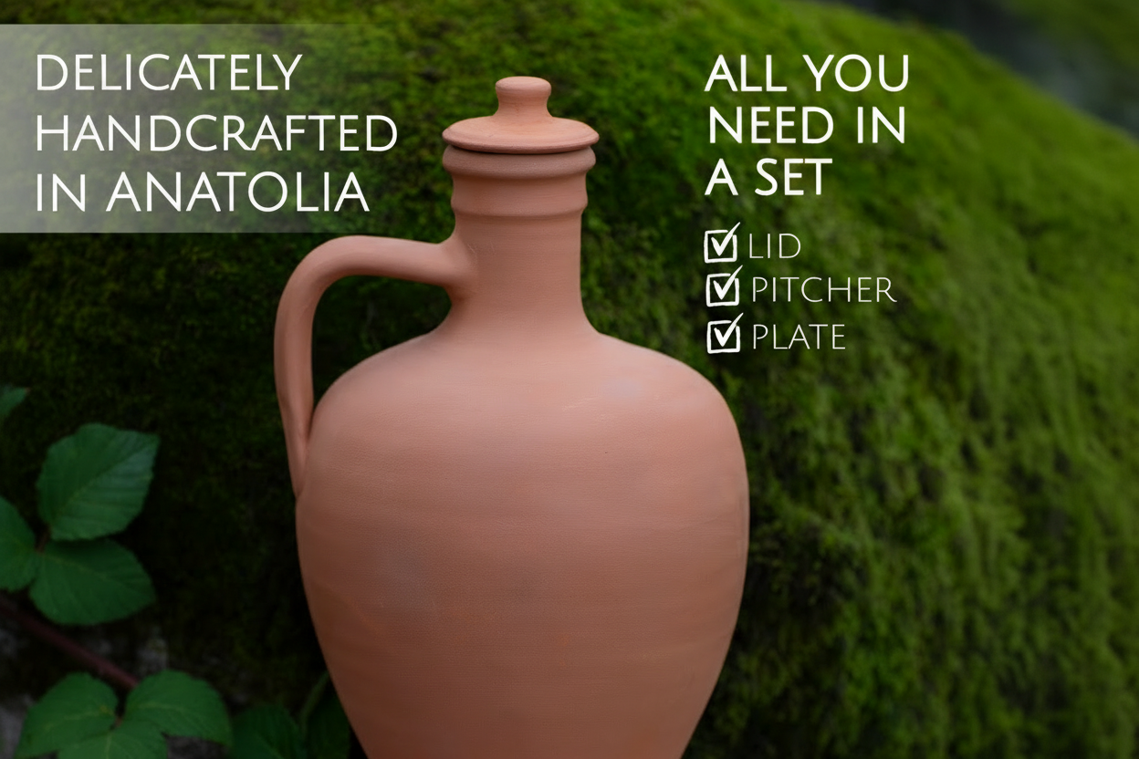 Terracotta Water Jug with Lid and Plate — Anadolu 3-Piece, 2 Sizes