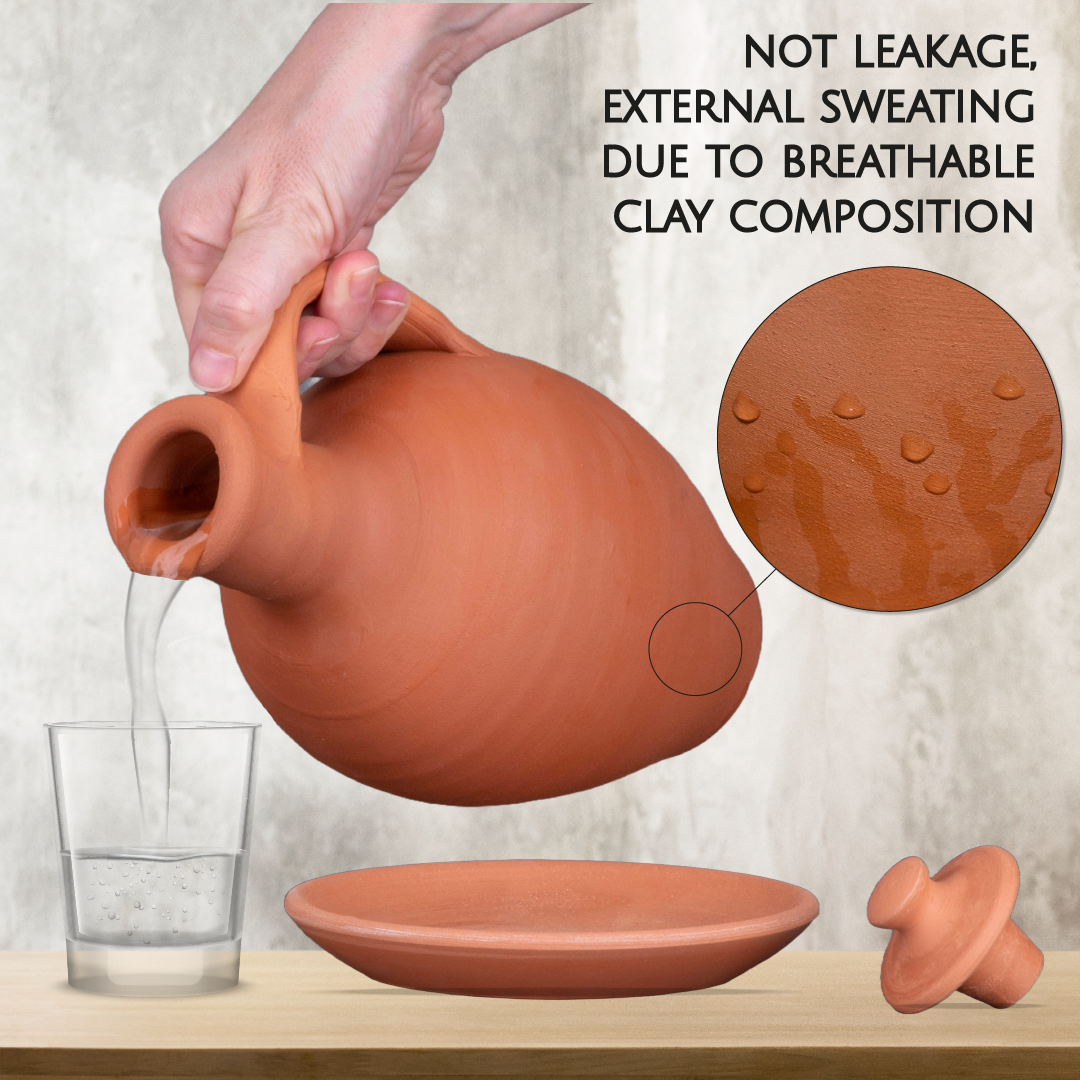 Terracotta Water Jug with Lid and Plate — Anadolu 3-Piece, 2 Sizes