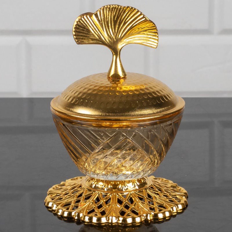 Glass Candy Dish with Lid Gold Footed Round — 4 Inch
