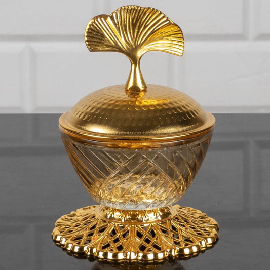 Glass Candy Dish with Lid Gold Footed Round — 4 Inch