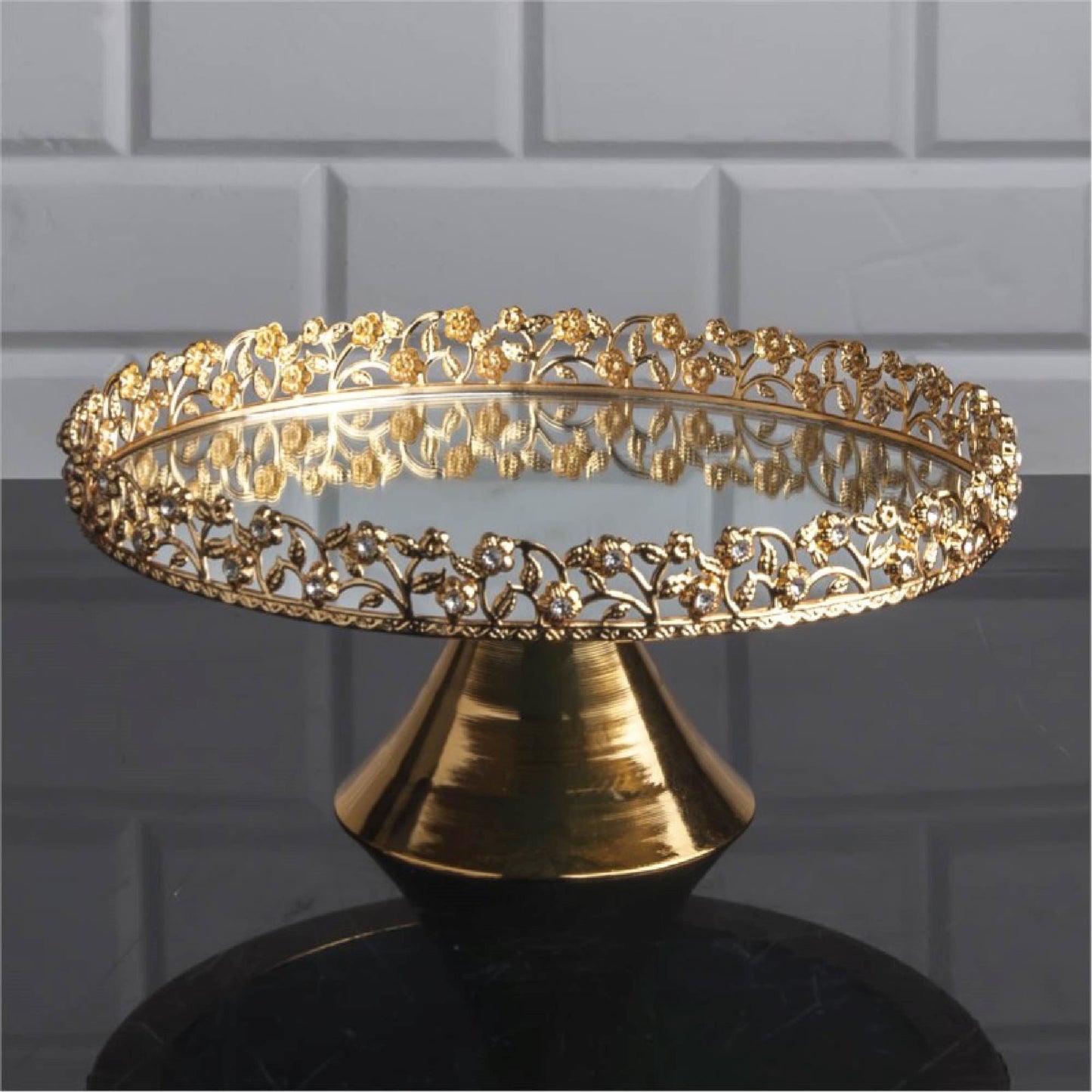 Mirrored Round Dessert Footed Stand Platter — 9.9 Inch