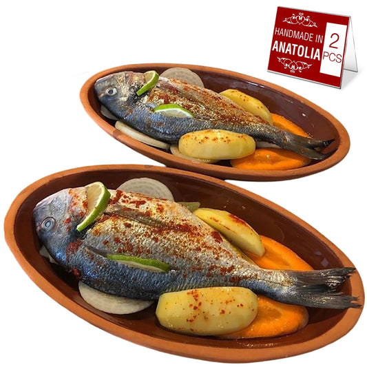 Oval Glazed Terracotta Clay Pans Set of 2 — Bergama, Midi & Large
