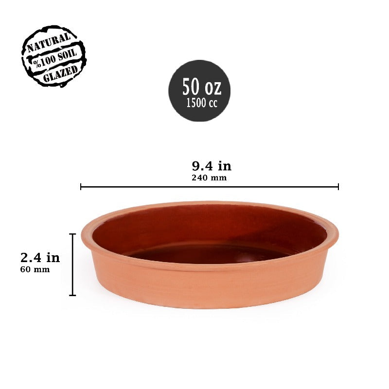 Terracotta planter with measurements and certification logos on a white background
