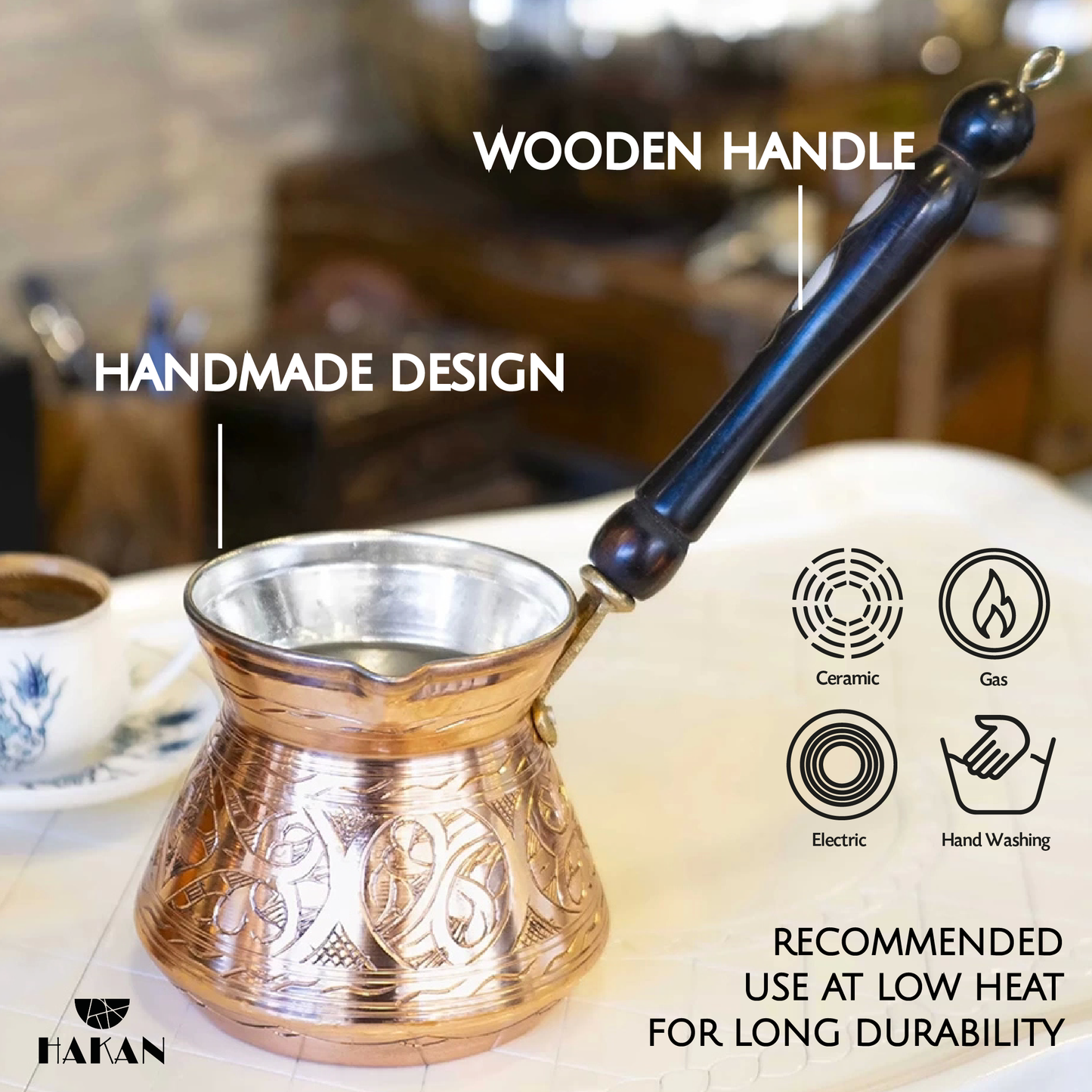 Copper Turkish Coffee Pot with Wooden Handle — Thick Copper