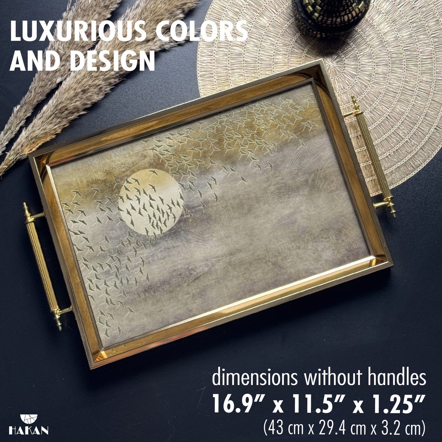 Glass Serving Tray Gold Moonlit Flight 19x11.5