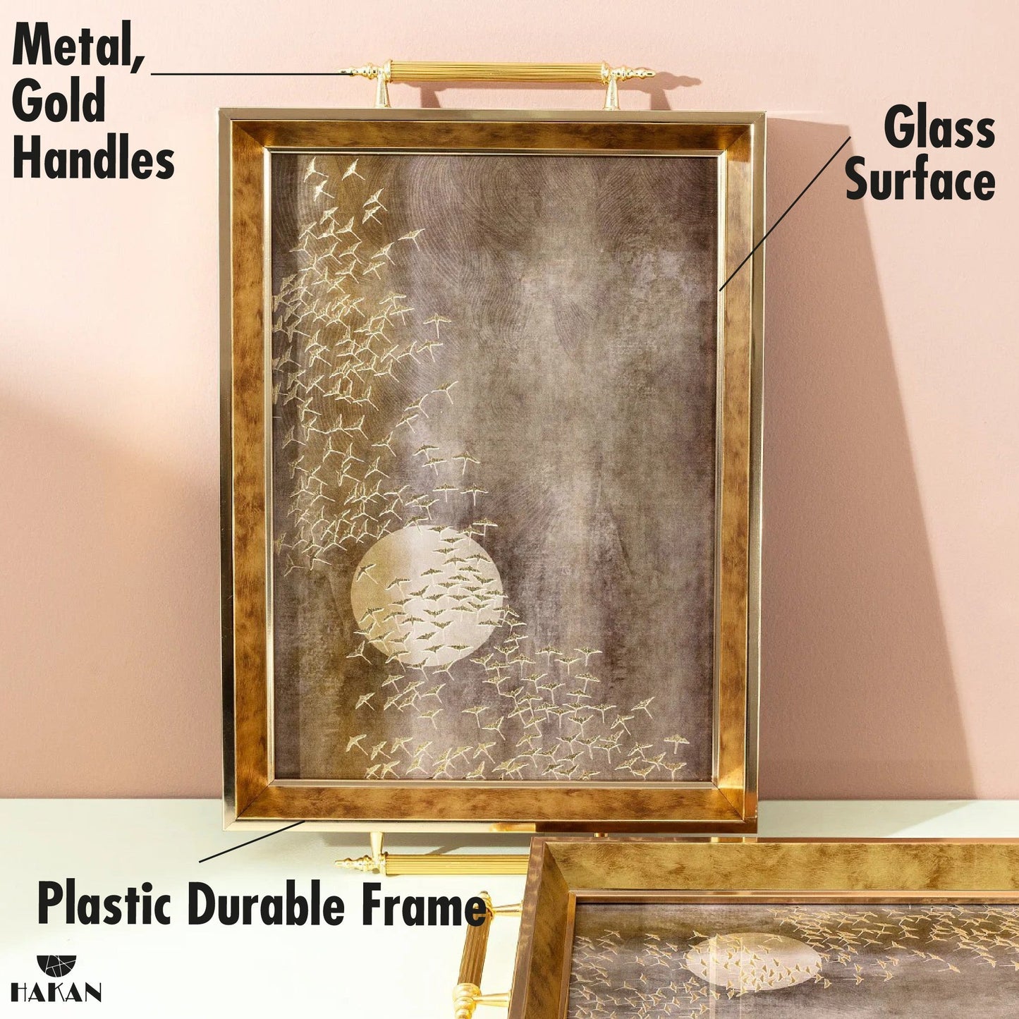 Glass Serving Tray Gold Moonlit Flight 19x11.5