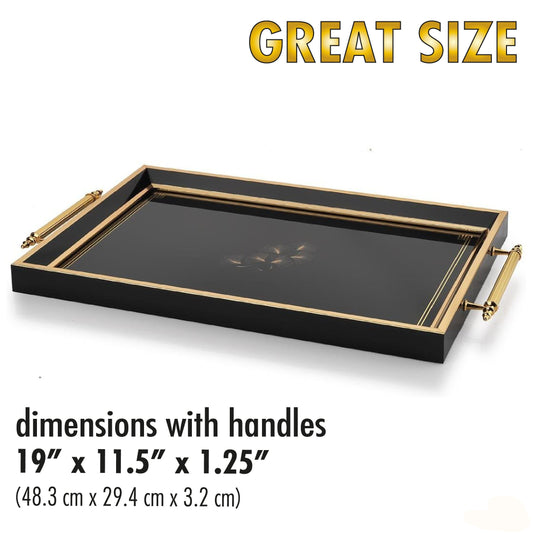 Black tray with gold handles on a white background, featuring dimensions and brand name.