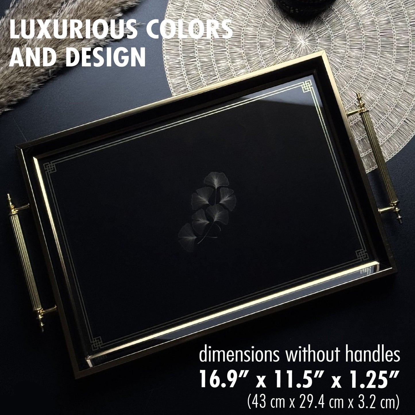 Glass Serving Tray Black Golden Leaf 19x11.5