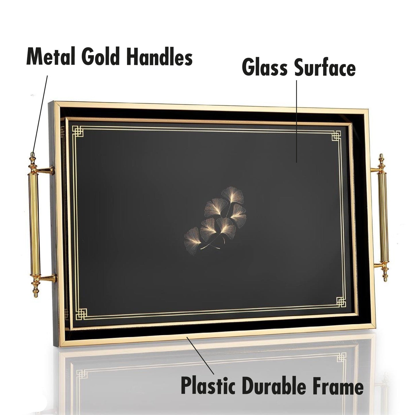 Glass Serving Tray Black Golden Leaf 19x11.5