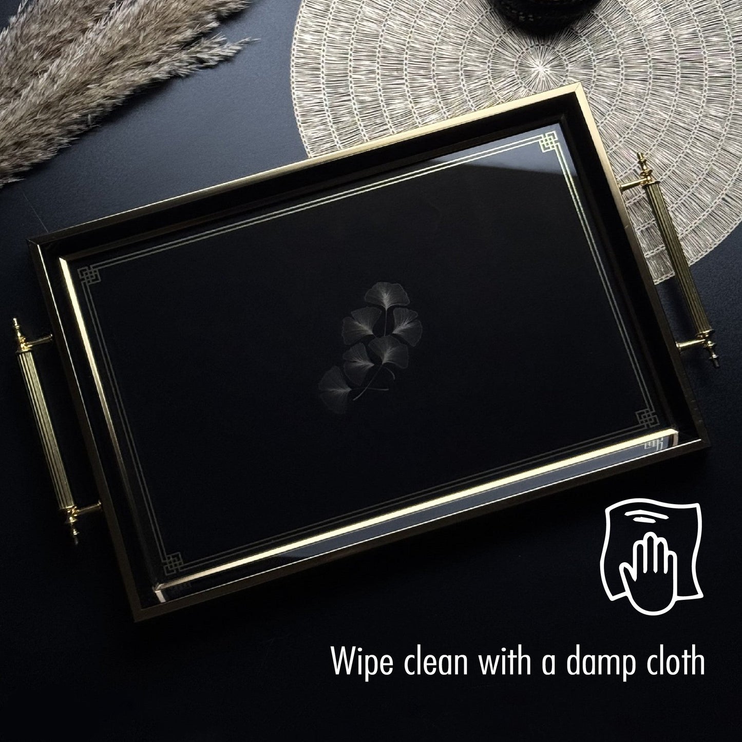 Glass Serving Tray Black Golden Leaf 19x11.5