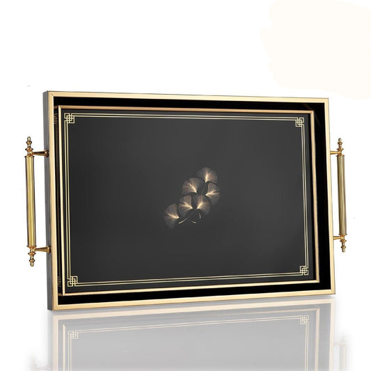 Glass Serving Tray Black Golden Leaf 19x11.5