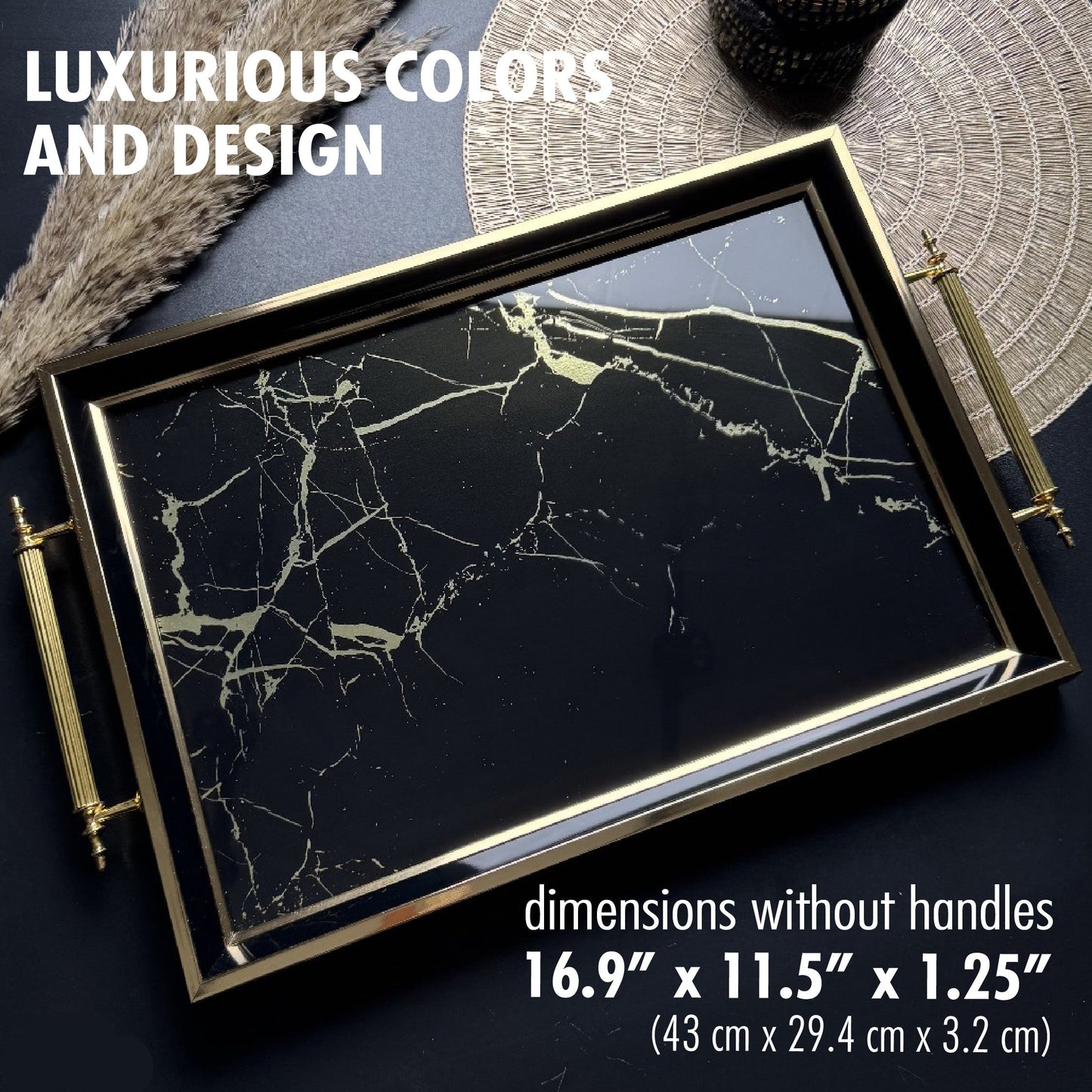 Glass Serving Tray Black Gold Marble 19x11.5